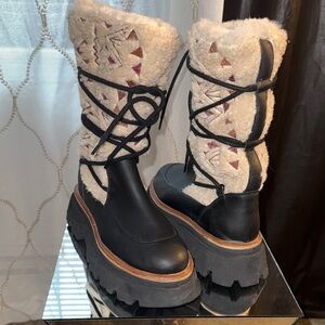 Chunky Black and Cream Shearling Lace-Up Platform Free People Boots